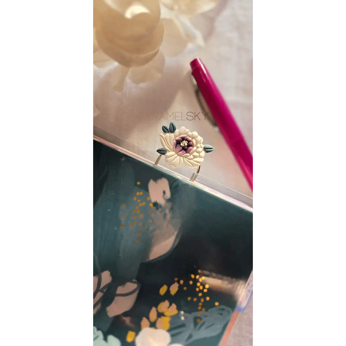 Clay Bookmark - Handmade Peony Flower with Paperclip - Caramel Sky