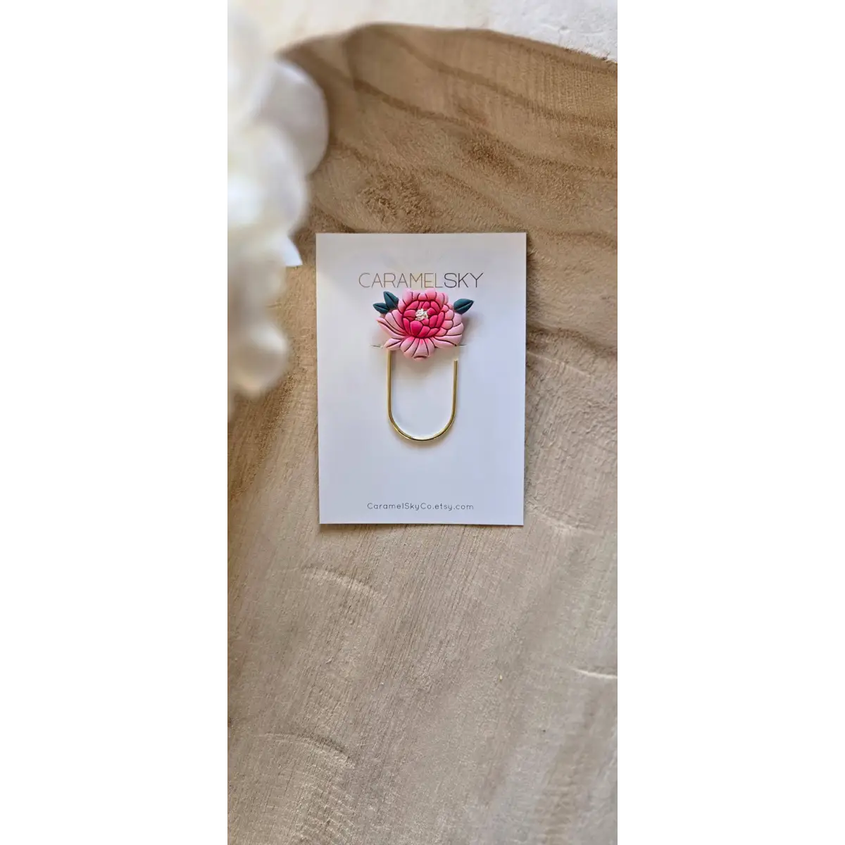 Clay Bookmark - Handmade Peony Flower with Paperclip - Pink - Caramel Sky