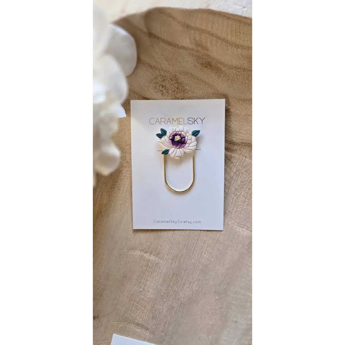 Clay Bookmark - Handmade Peony Flower with Paperclip - White - Caramel Sky