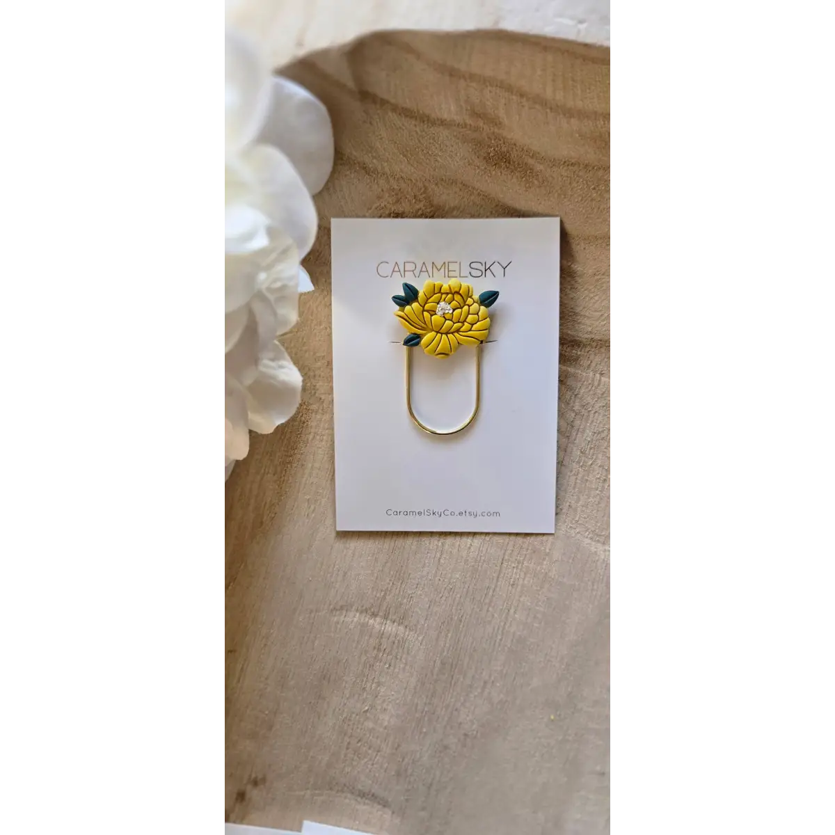 Clay Bookmark - Handmade Peony Flower with Paperclip - Yellow - Caramel Sky