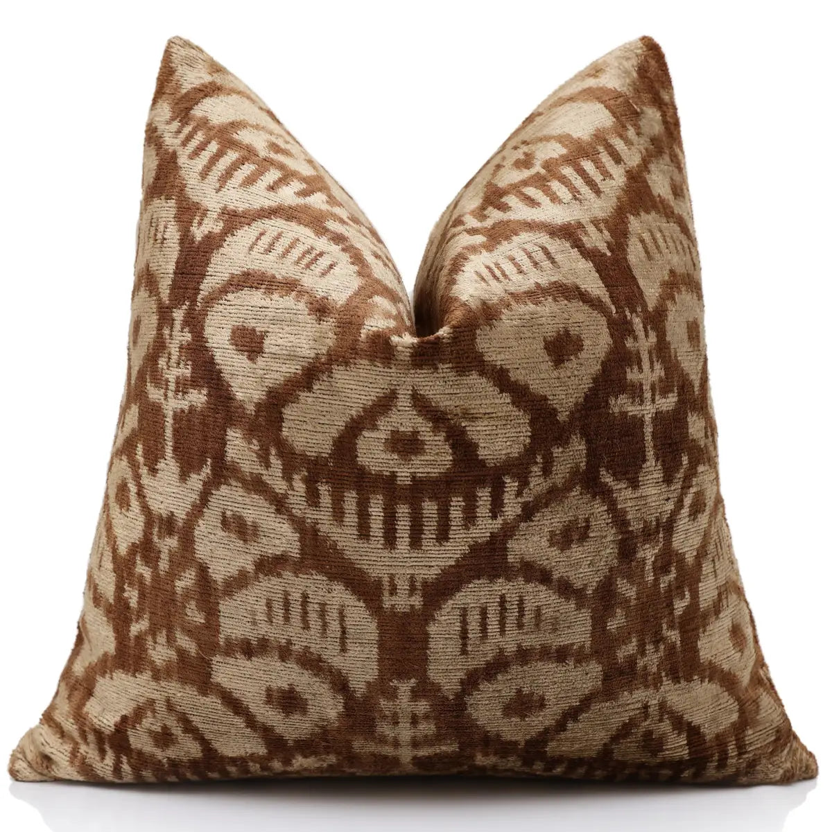 Cognac & Cream Traditional Ikat Silk Velvet Pillow - 20’’ x 20’’ - Canvello