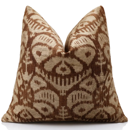 Cognac & Cream Traditional Ikat Silk Velvet Pillow - 20’’ x 20’’ - Canvello