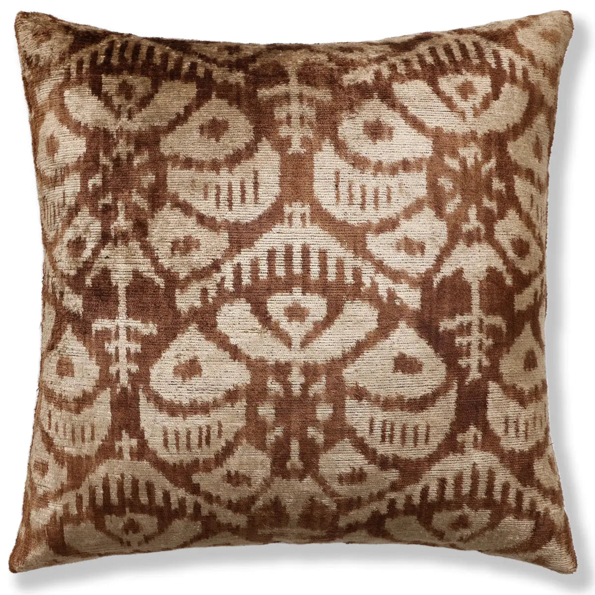 Cognac & Cream Traditional Ikat Silk Velvet Pillow - 20’’ x 20’’ - Canvello