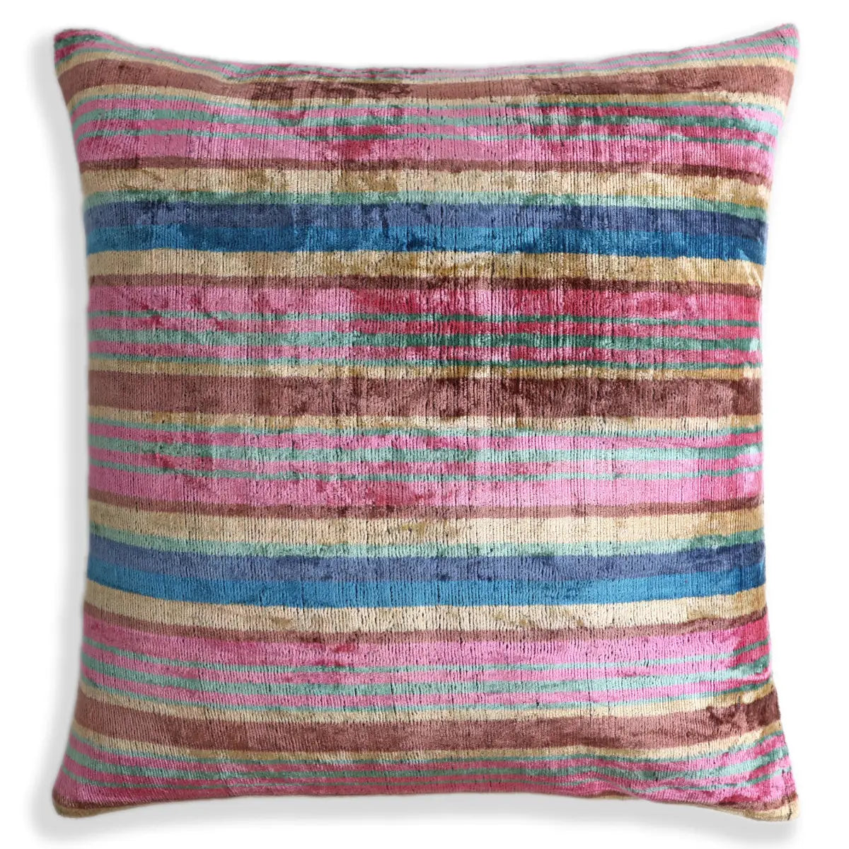 Colorful Striped Ikat Velvet Pillow – 16x16 Handmade Throw Cushion - Canvello
