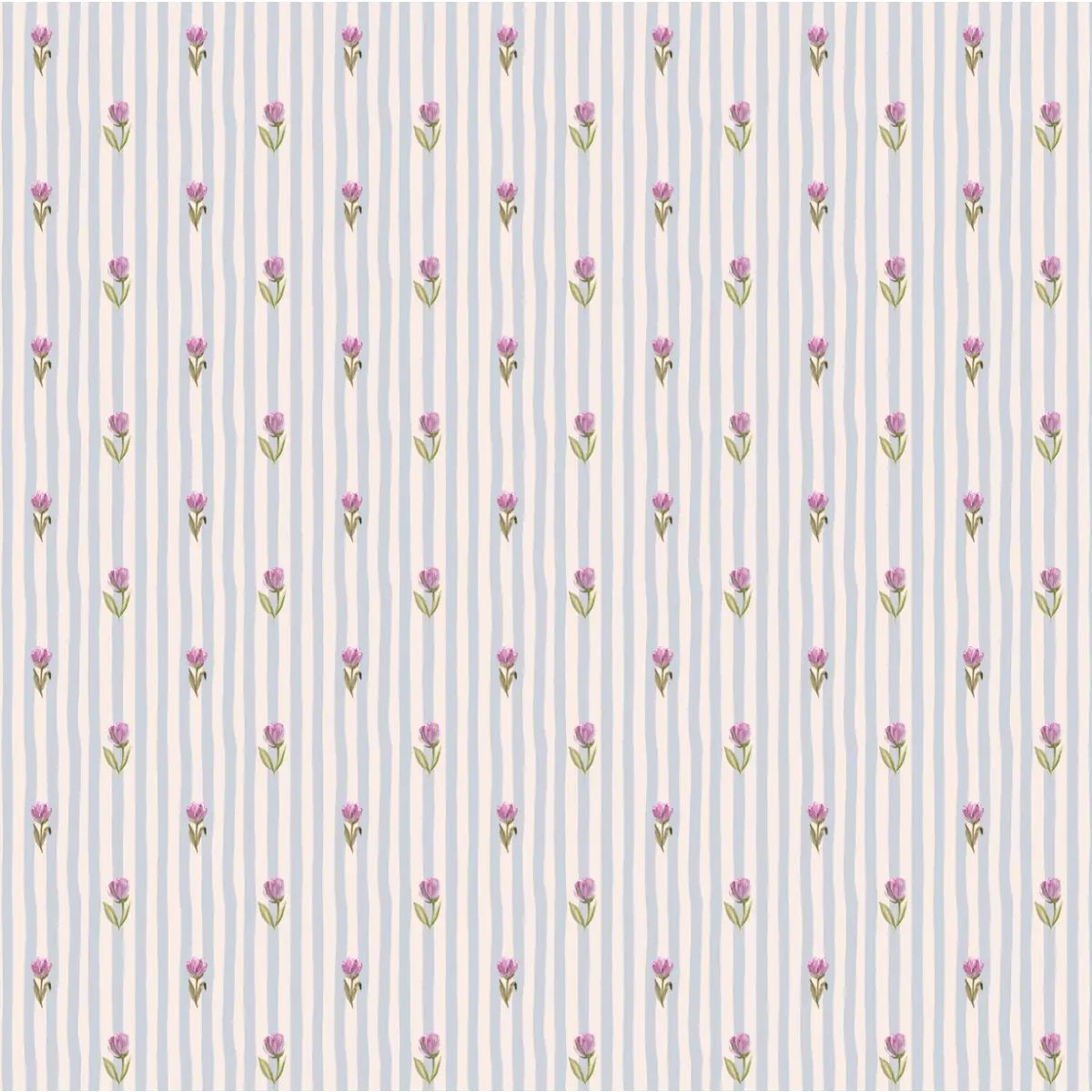 Conley Wallpaper - Sweet Pink Flowers on Blue Stripe - by Jun Shu Create - Sample 1 foot by 1 foot - Loomwell Home Goods