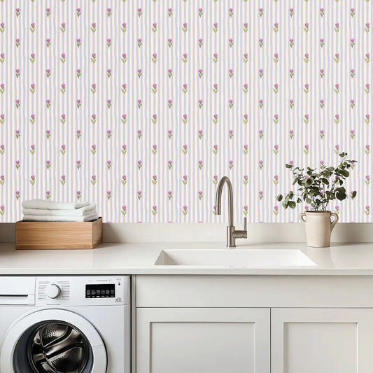 Conley Wallpaper - Sweet Pink Flowers on Blue Stripe - by Jun Shu Create - Loomwell Home Goods