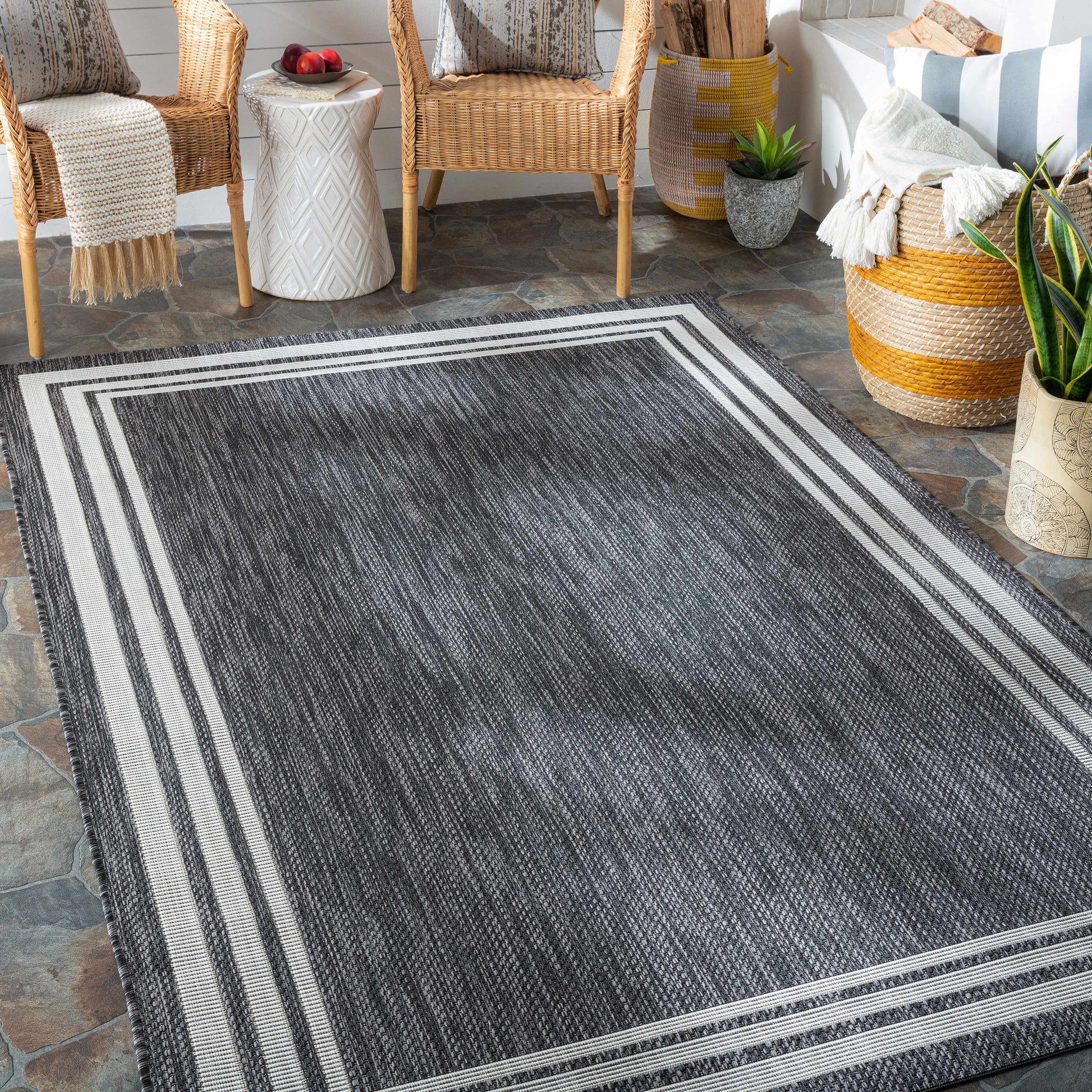 Coonamble Bordered Antrasit Outdoor Rug - Boutique Rugs