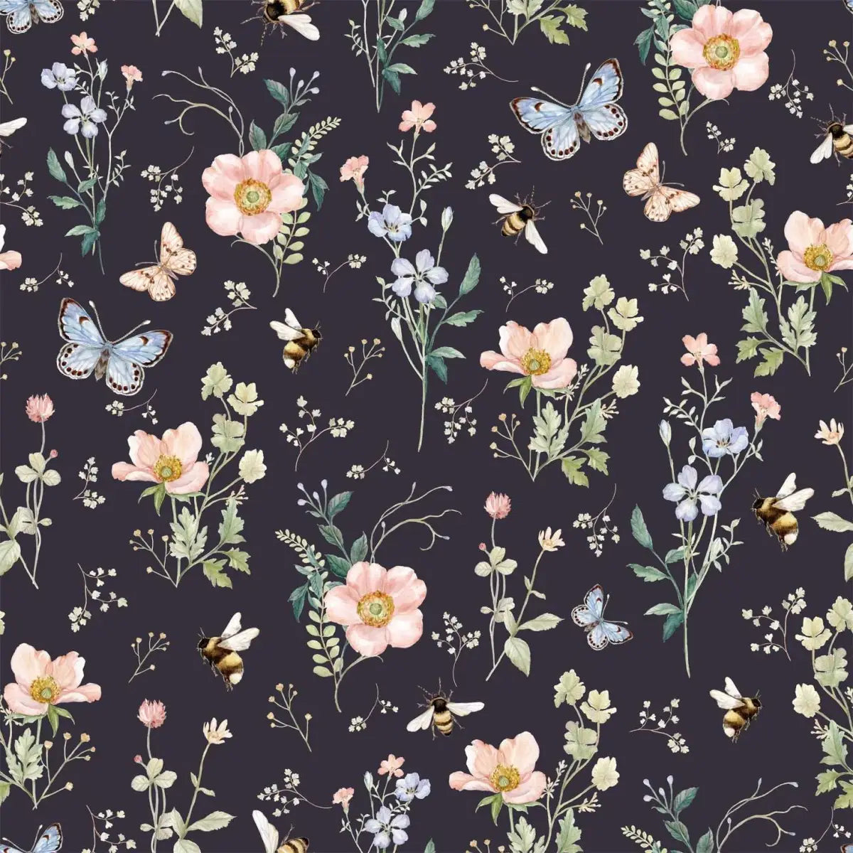 Cosette Wallpaper - Bees Butterflies and Flowers - by Clara McAllister - Sample 1 foot by 1 foot / Navy - Loomwell Home