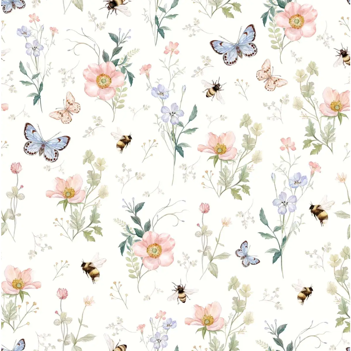 Cosette Wallpaper - Bees Butterflies and Flowers - by Clara McAllister - Sample 1 foot by 1 foot / White - Loomwell