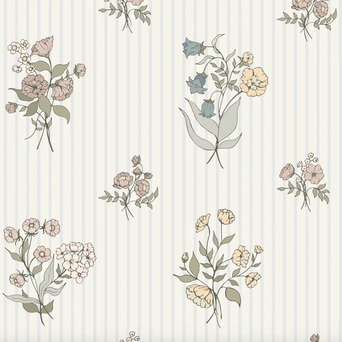 Cosie Wallpaper - Neutral Petite Bouquets - by Ali Anni - Sample 1 foot by 1 foot / Blue Stripe / Large Scale