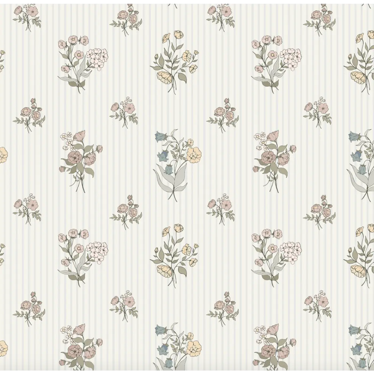 Cosie Wallpaper - Neutral Petite Bouquets - by Ali Anni - Sample 1 foot by 1 foot / Blue Stripe / Small Scale