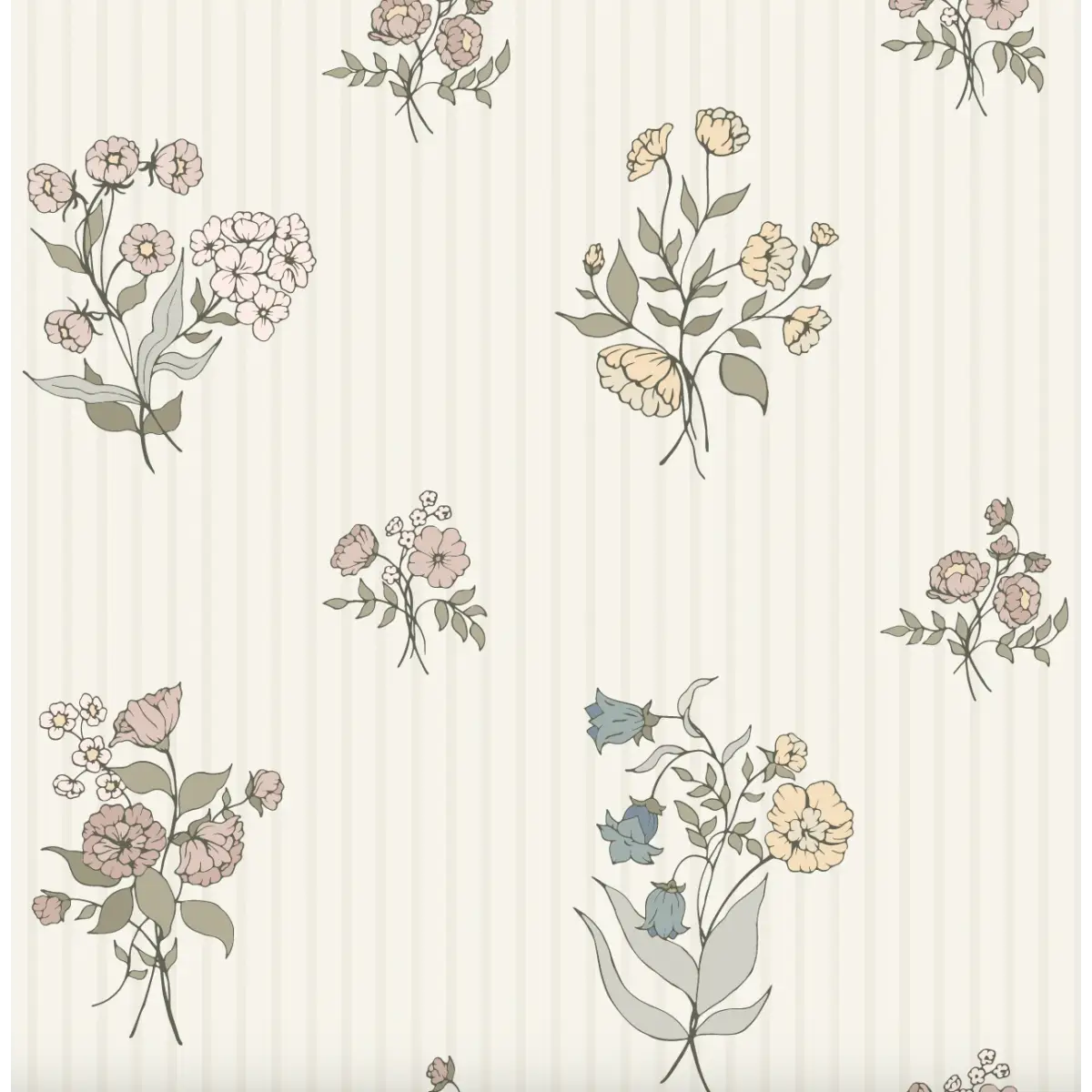 Cosie Wallpaper - Neutral Petite Bouquets - by Ali Anni - Sample 1 foot by 1 foot / Cream Stripe / Large Scale