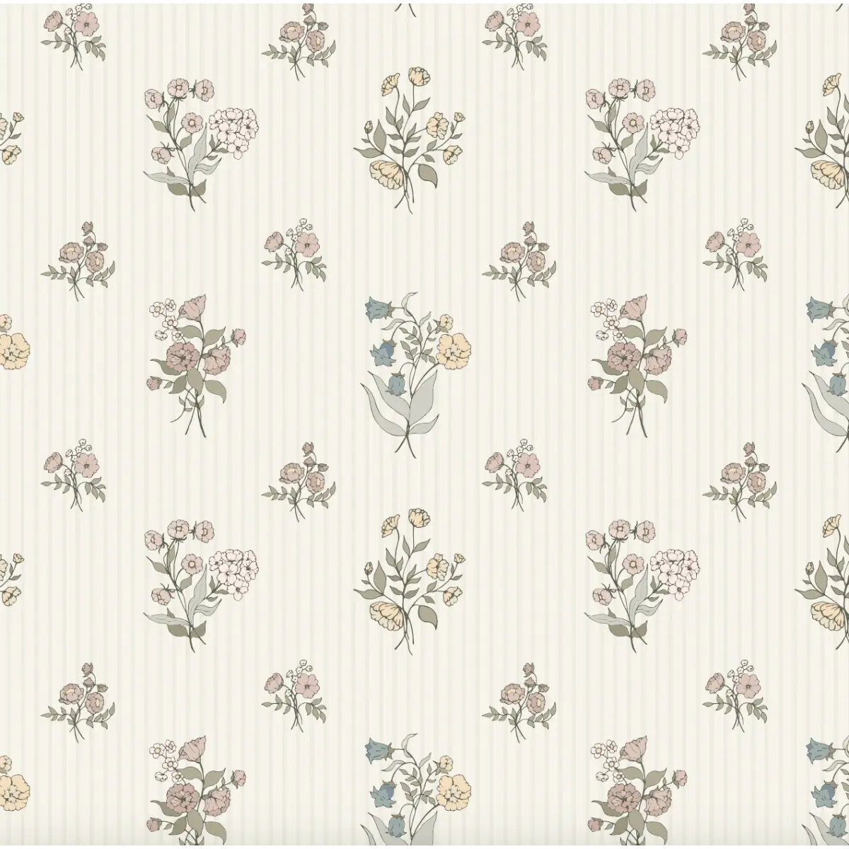 Cosie Wallpaper - Neutral Petite Bouquets - by Ali Anni - Sample 1 foot by 1 foot / Cream Stripe / Small Scale