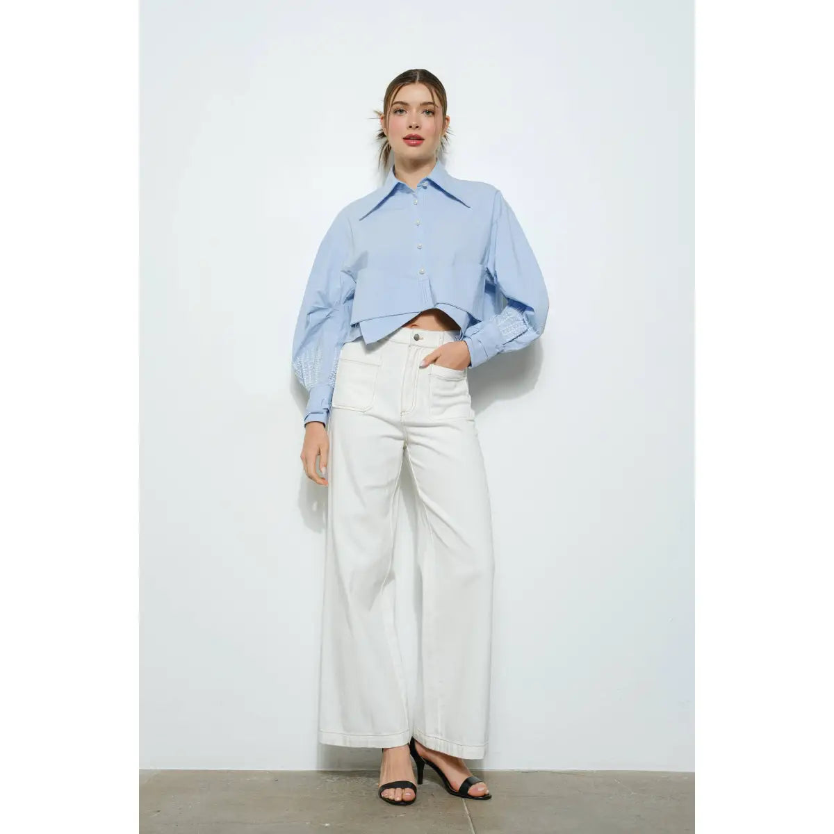 White Wide Leg Jeans with Front Patch Pockets - INA