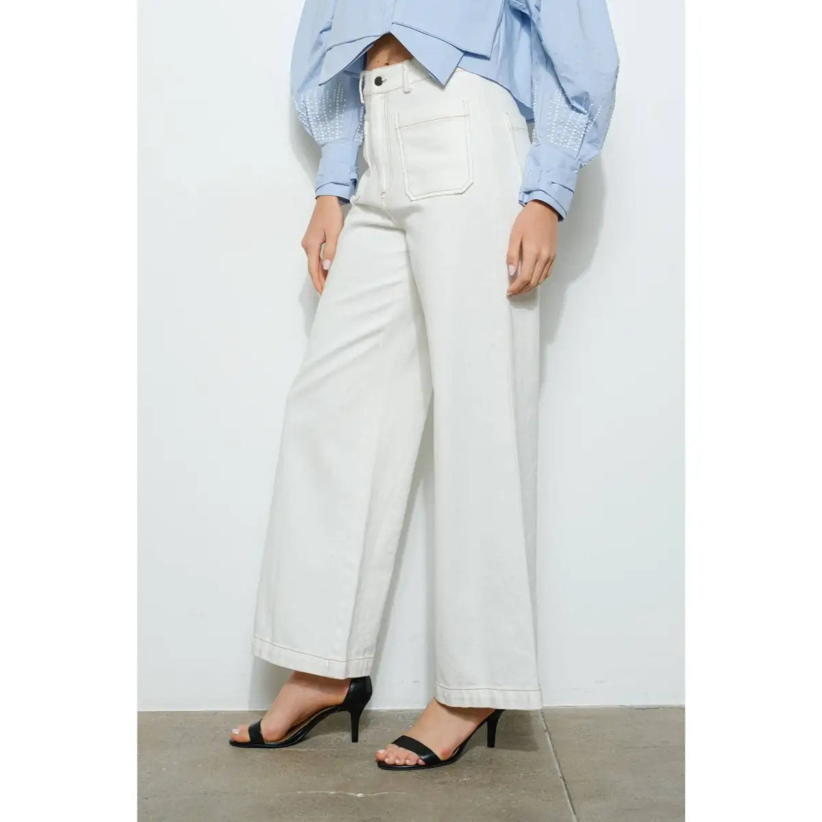 White Wide Leg Jeans with Front Patch Pockets - INA