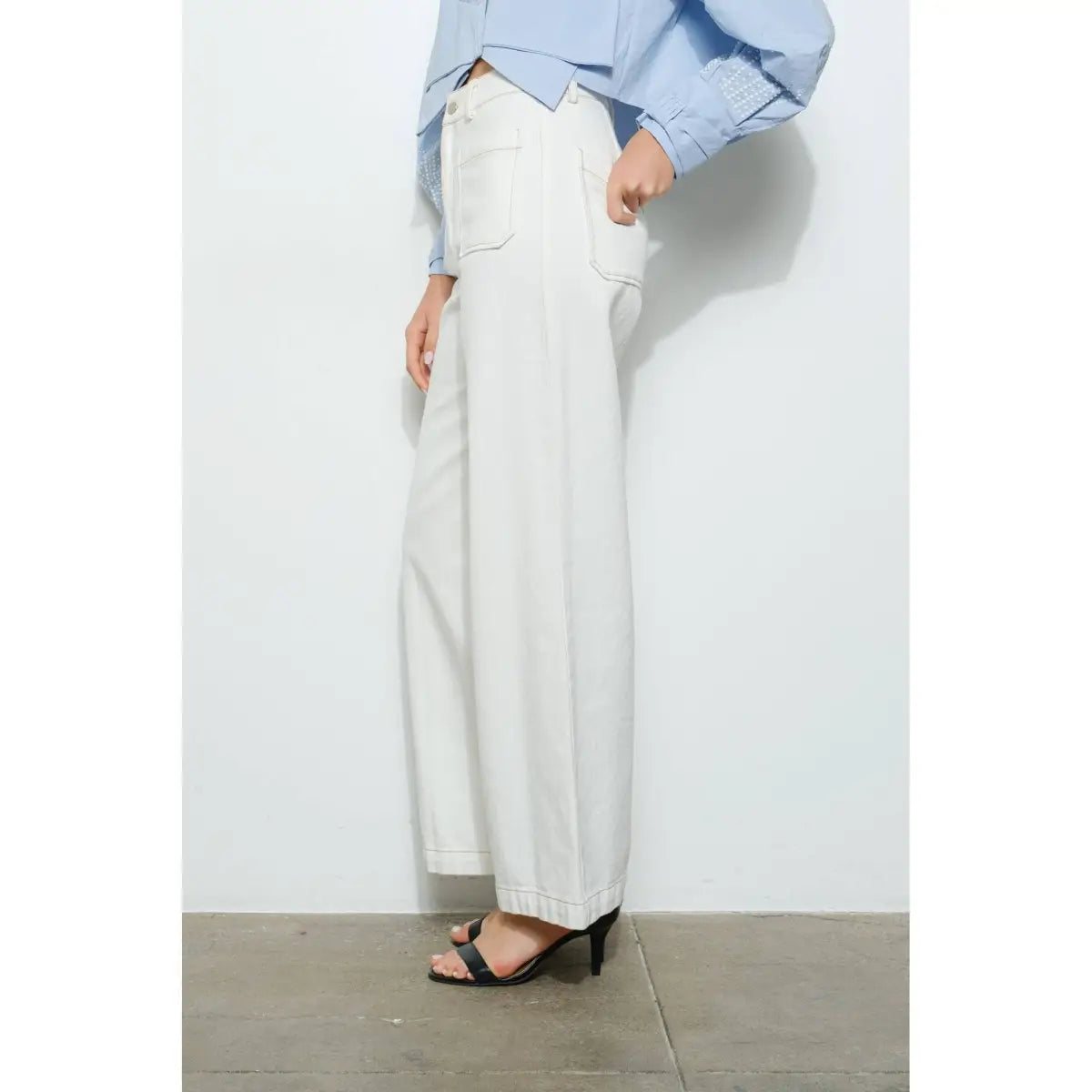 White Wide Leg Jeans with Front Patch Pockets - INA