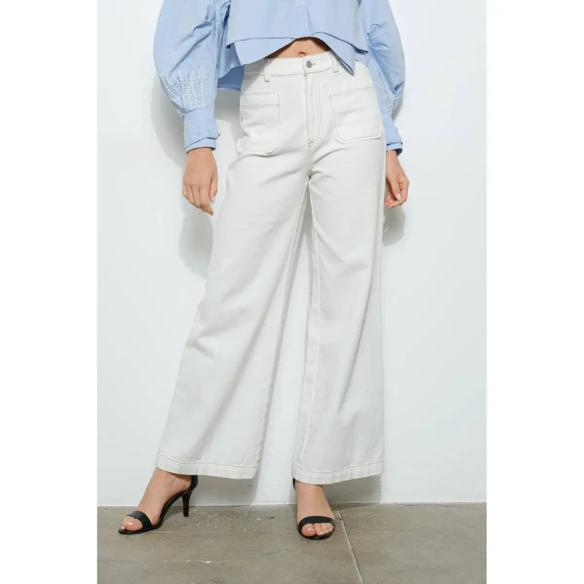White Wide Leg Jeans with Front Patch Pockets - S - INA