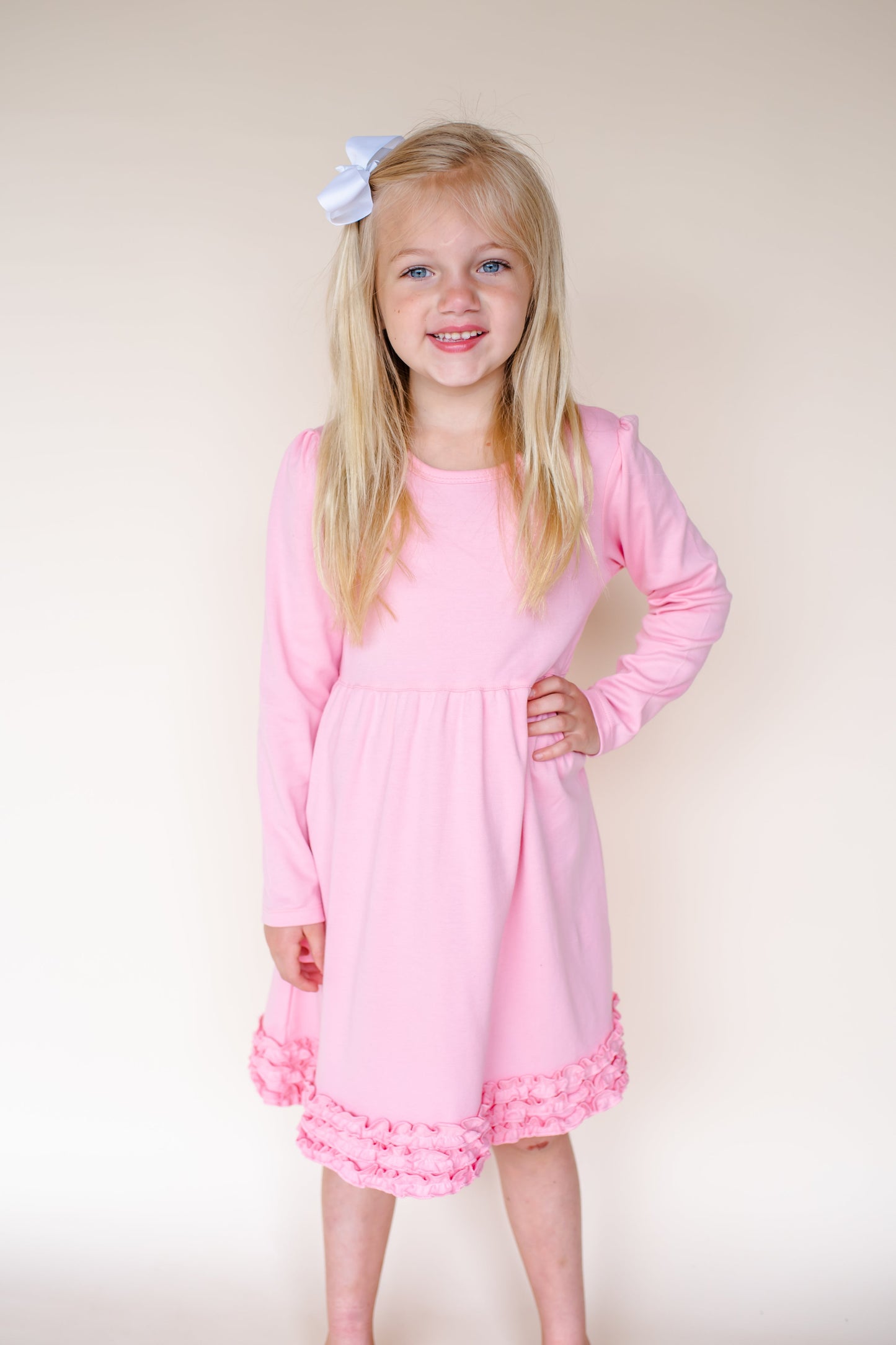 Girl’s Long Sleeve Ruffle Empire Waist Dress (12M-Toddler) - Bubble Gum Pink / 12M - ARB Blanks