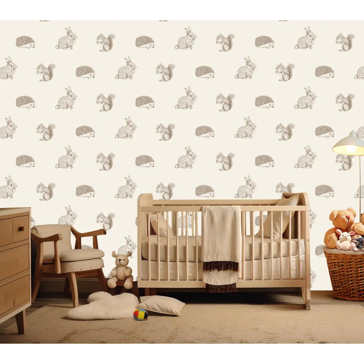 Cyrus Wallpaper - Bunnies Squirrels and Hedgehogs - by Manvi Semalty - Loomwell Home Goods