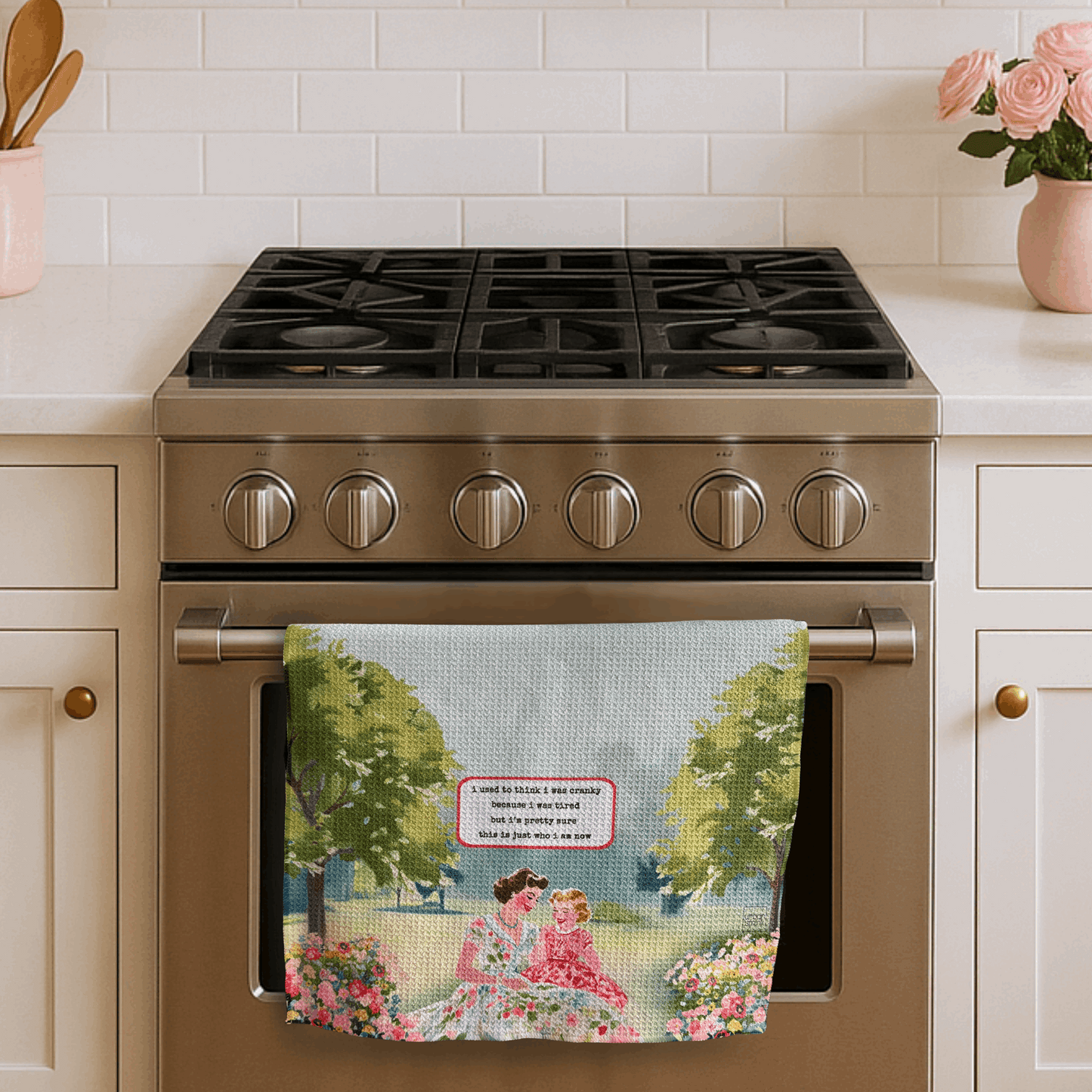 Funny Vintage Floral Kitchen Towel for Moms - Cranky & Tired - Urban Smirk
