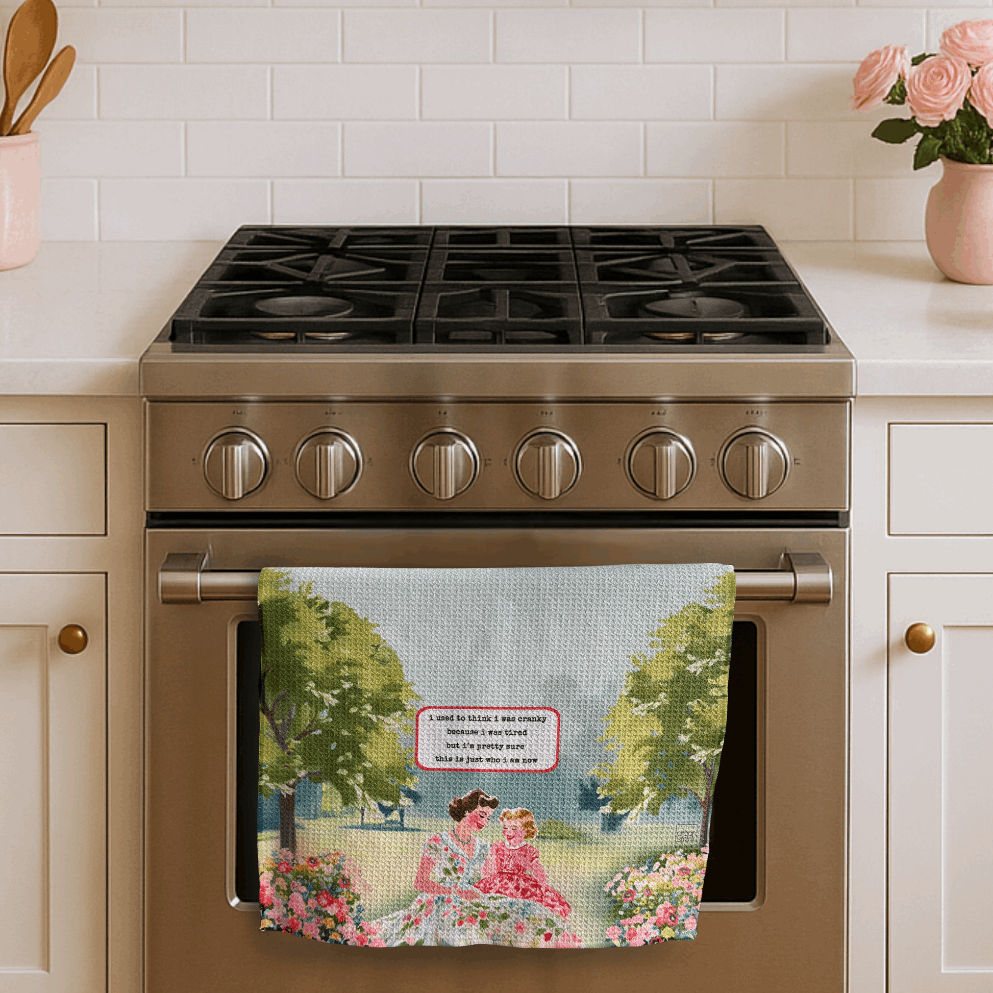 Funny Vintage Floral Kitchen Towel for Moms - Cranky & Tired - Urban Smirk