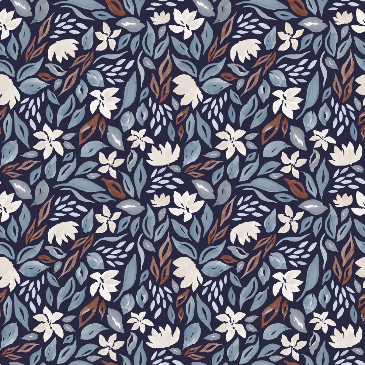 Daley Wallpaper - Watercolor Leaves and Flowers - by Emma J Rivers - Sample 1 foot by 1 foot / Dark Blue - Loomwell