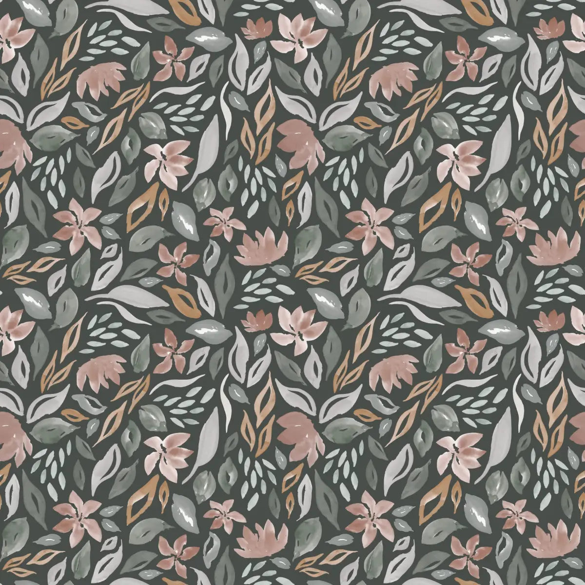 Daley Wallpaper - Watercolor Leaves and Flowers - by Emma J Rivers - Sample 1 foot by 1 foot / Dark Green - Loomwell