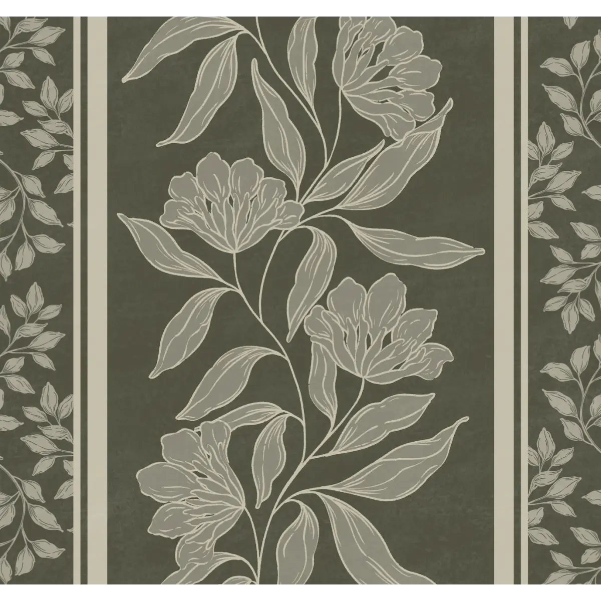 Dare Wallpaper - Traditional Flower Stripe - by Taddy Mikelaites - Sample 1 foot by 1 foot / Dark Olive - Loomwell Home