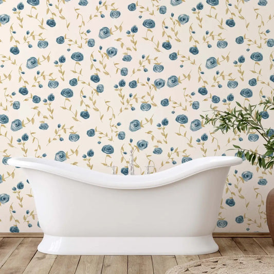 Davie Wallpaper - Blue Watercolor Floral - by Christy Beasley - Loomwell Home Goods
