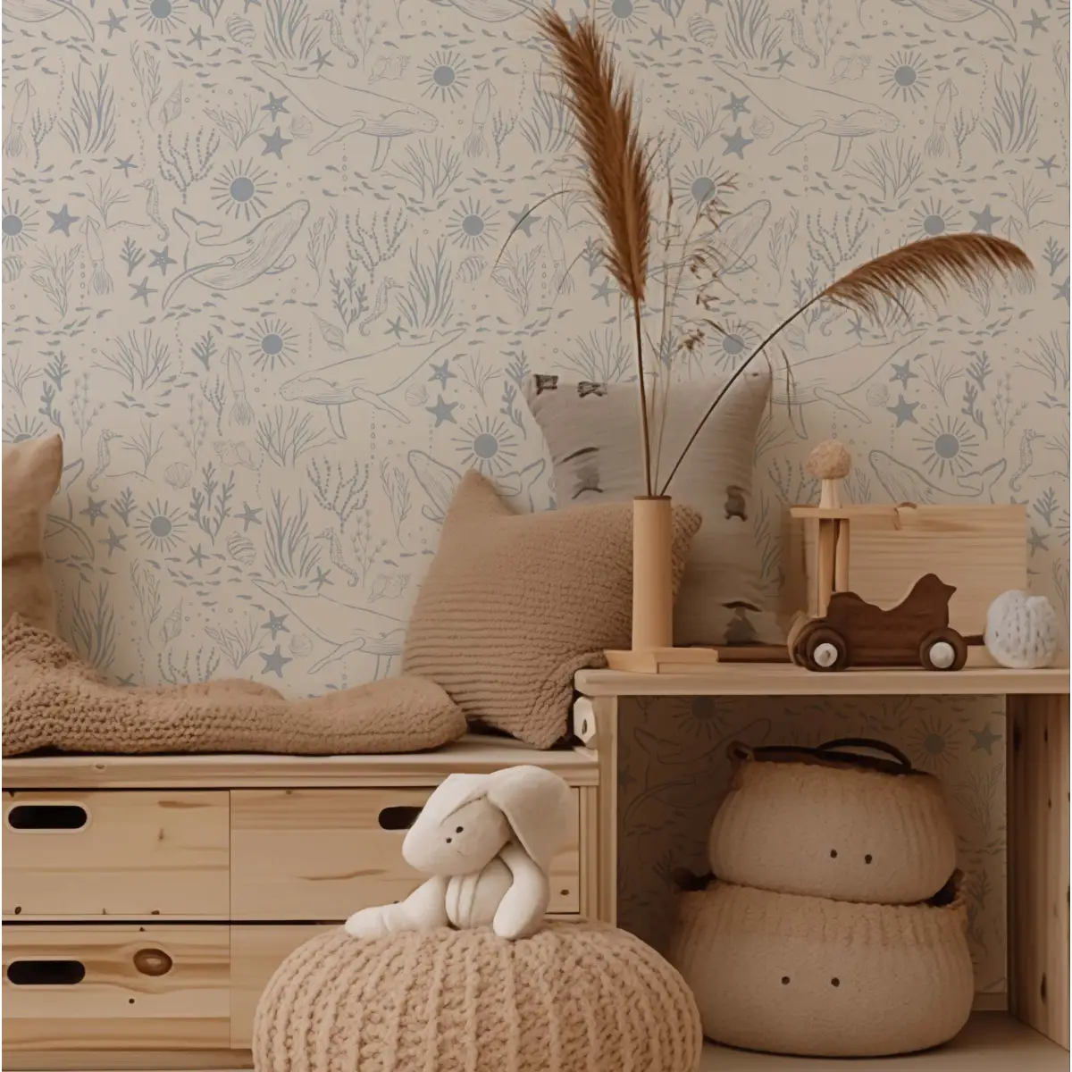 Delmar Wallpaper - Peaceful Whales for Kids - Coastal Cottage - by Hufton Studio - Loomwell Home Goods