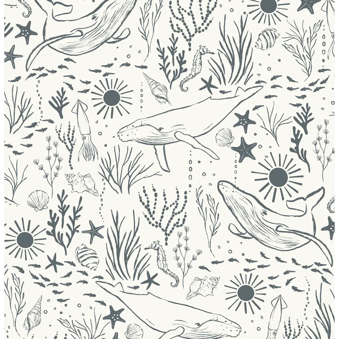 Delmar Wallpaper - Peaceful Whales for Kids - Coastal Cottage - by Hufton Studio - Sample 1 foot by 1 foot / Deep Blue