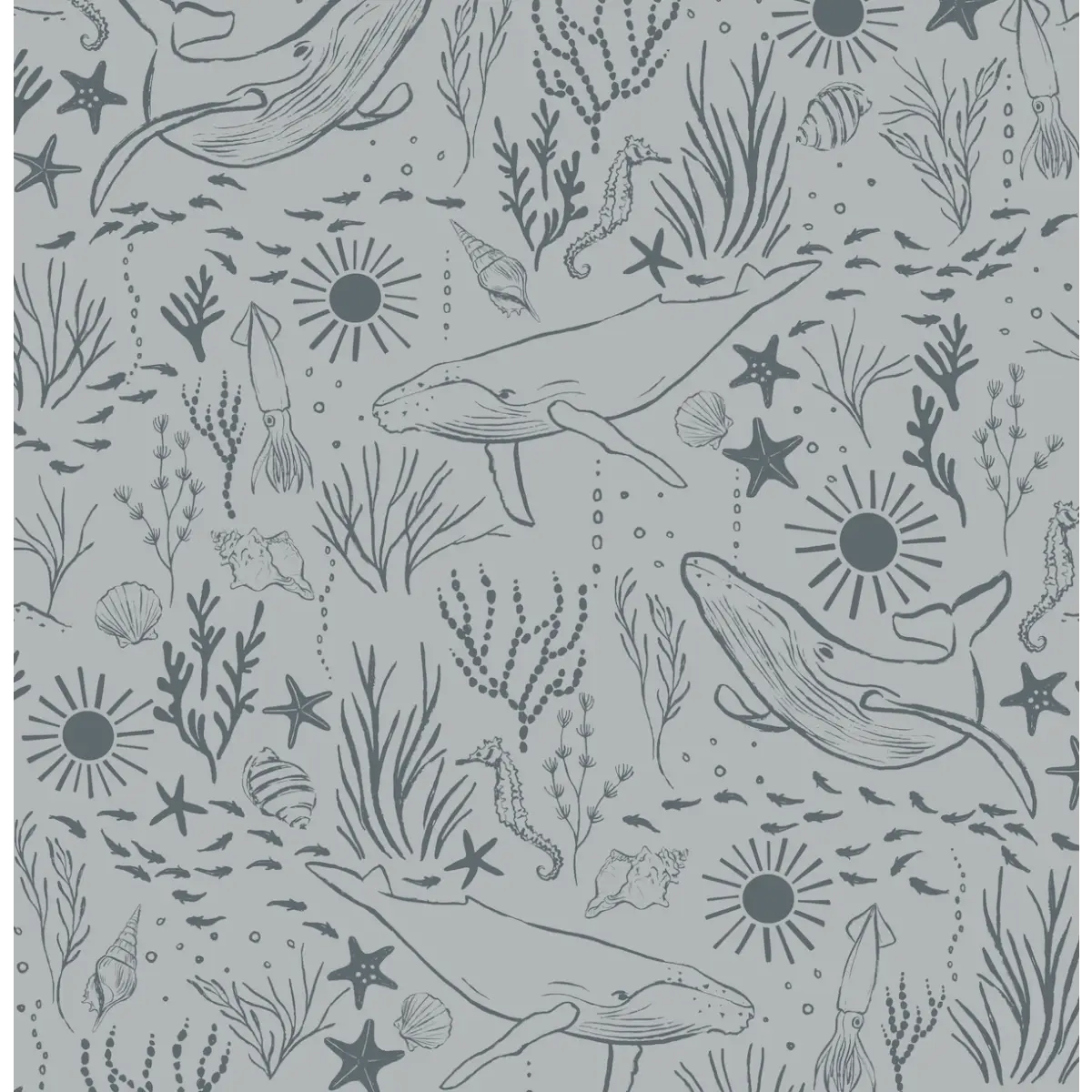 Delmar Wallpaper - Peaceful Whales for Kids - Coastal Cottage - by Hufton Studio - Sample 1 foot by 1 foot / Deep Blue