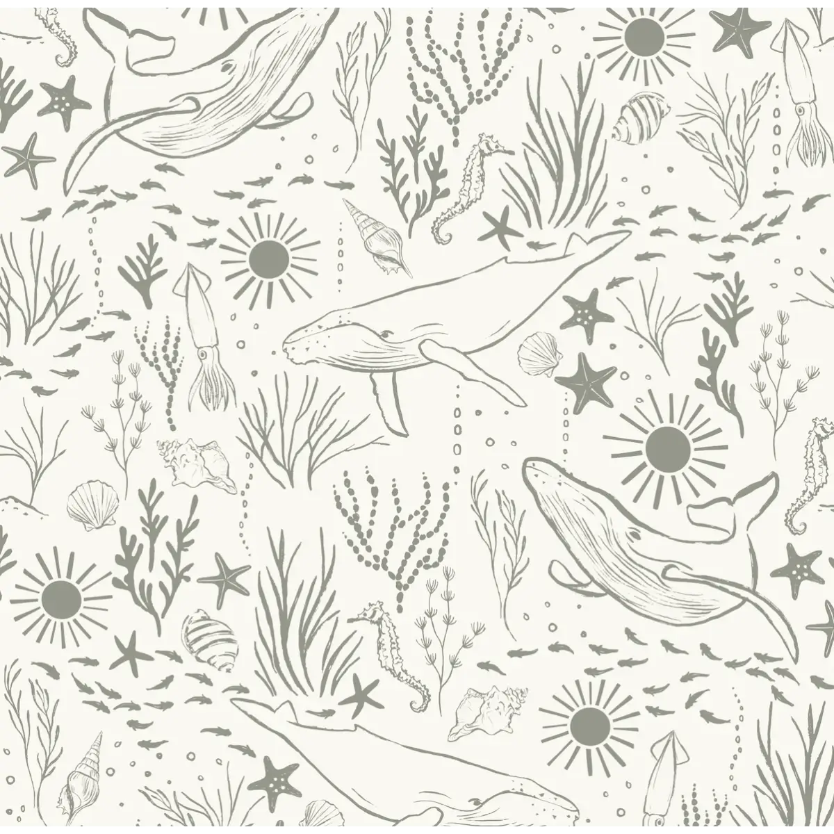 Delmar Wallpaper - Peaceful Whales for Kids - Coastal Cottage - by Hufton Studio - Sample 1 foot by 1 foot / Green