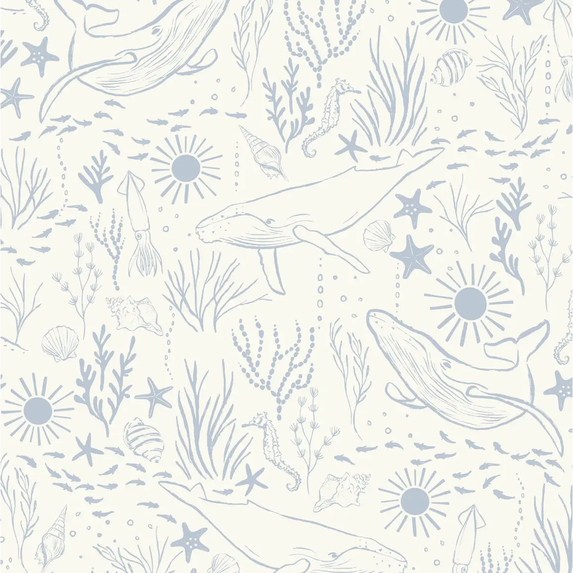 Delmar Wallpaper - Peaceful Whales for Kids - Coastal Cottage - by Hufton Studio - Sample 1 foot by 1 foot / Light Blue