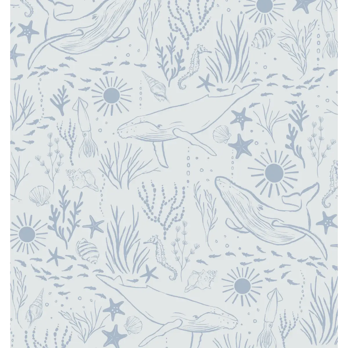Delmar Wallpaper - Peaceful Whales for Kids - Coastal Cottage - by Hufton Studio - Sample 1 foot by 1 foot / Light Blue