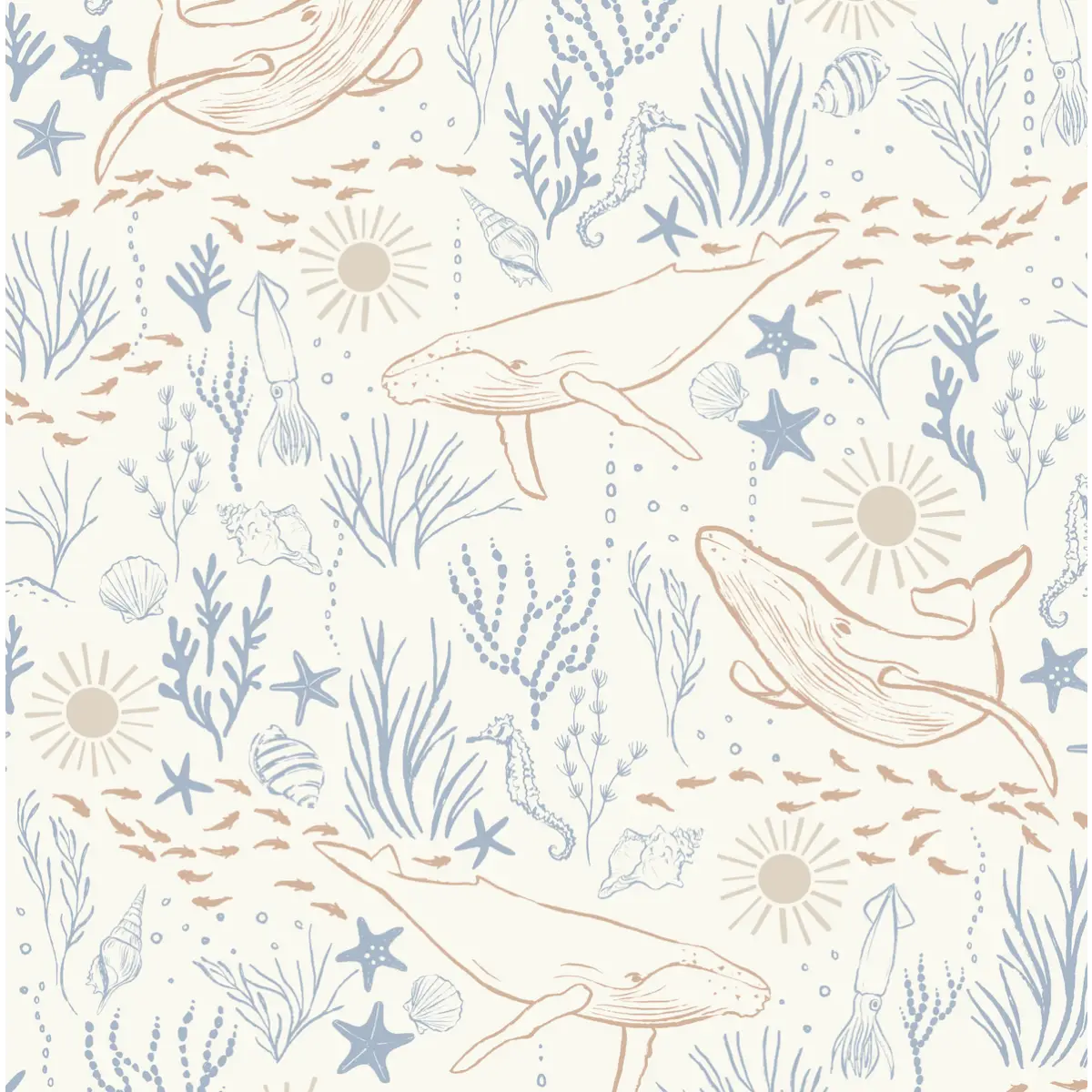 Delmar Wallpaper - Peaceful Whales for Kids - Coastal Cottage - by Hufton Studio - Sample 1 foot by 1 foot / Light Blue