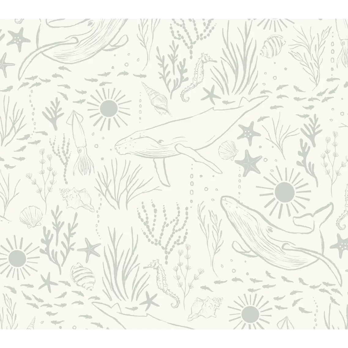 Delmar Wallpaper - Peaceful Whales for Kids - Coastal Cottage - by Hufton Studio - Sample 1 foot by 1 foot / Sea Salt