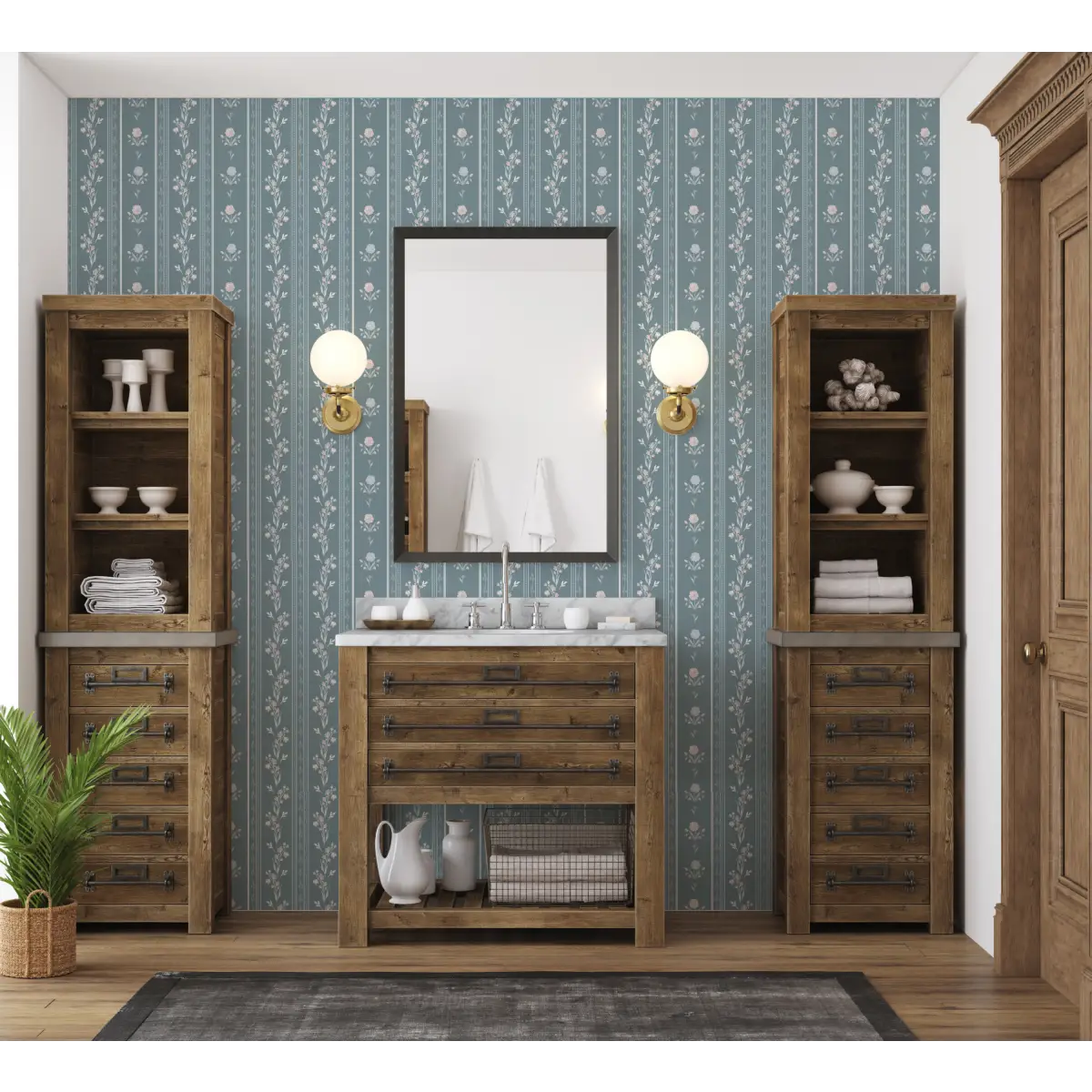 Delphine Wallpaper - Cottage Flowers and Stripes - by Trisha Patel - Loomwell Home Goods