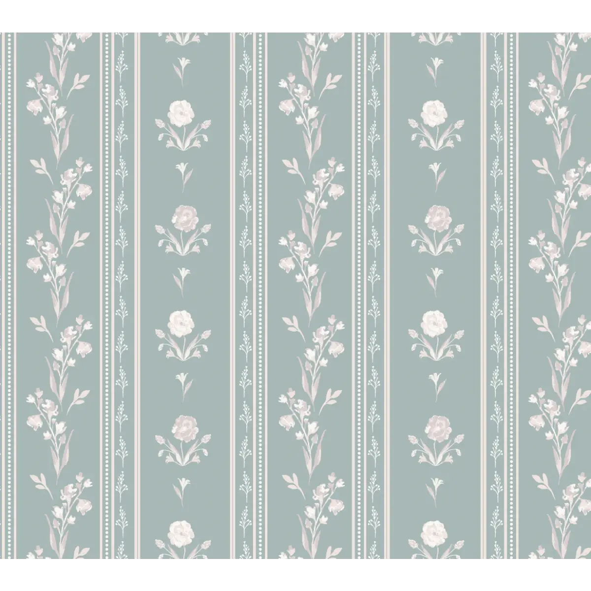 Delphine Wallpaper - Cottage Flowers and Stripes - by Trisha Patel - Sample 1 foot by 1 foot / Light Teal - Loomwell