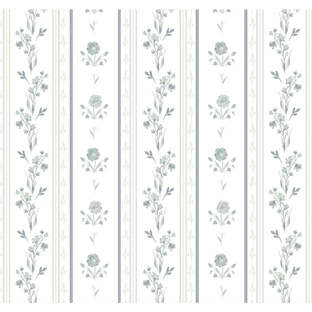 Delphine Wallpaper - Cottage Flowers and Stripes - by Trisha Patel - Sample 1 foot by 1 foot / White and Navy