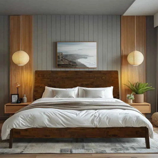 Deluxe Wood Platform Bed Frame - Acacia Serenity - Elegant and Durable Design - Walnut / King - Megsu