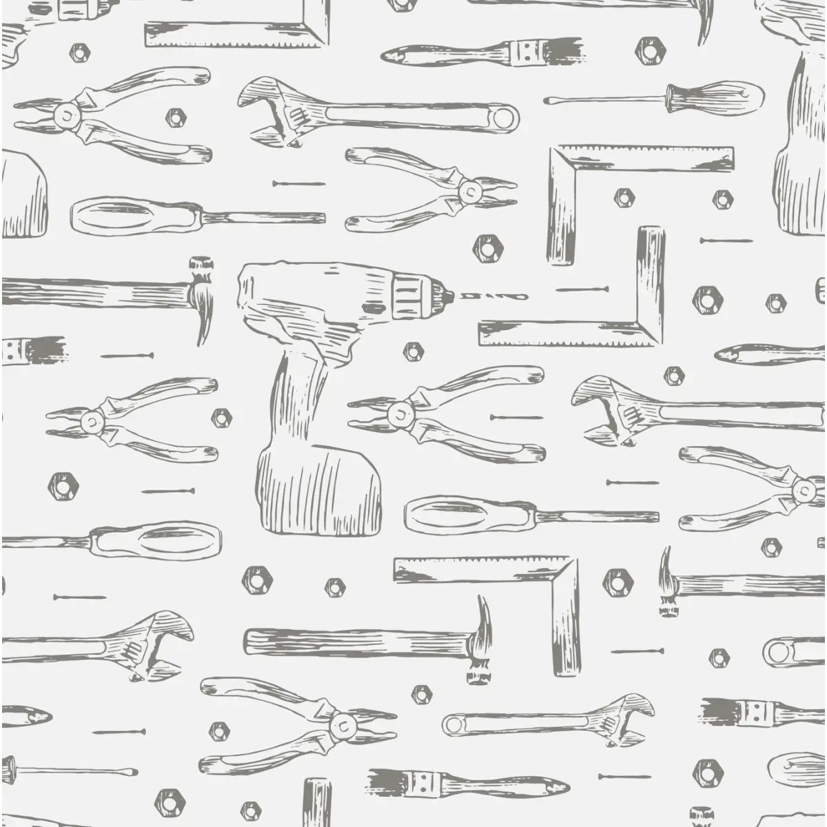 Dewalt Wallpaper - Tools Line Drawings for Kids - by Aminah Eleonora - Sample 1 foot by 1 foot / Gray - Loomwell Home