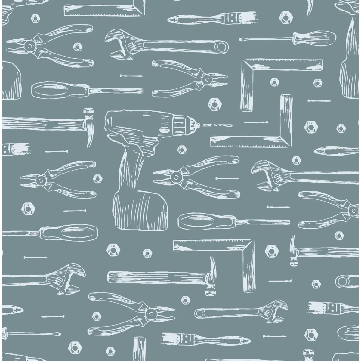 Dewalt Wallpaper - Tools Line Drawings for Kids - by Aminah Eleonora - Sample 1 foot by 1 foot / Teal - Loomwell Home