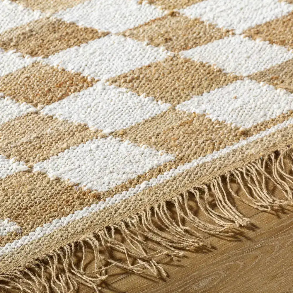 Diamond Checkered Jute Rug with Fringe - 2’ x 3’ Rectangle - Boutique Rugs