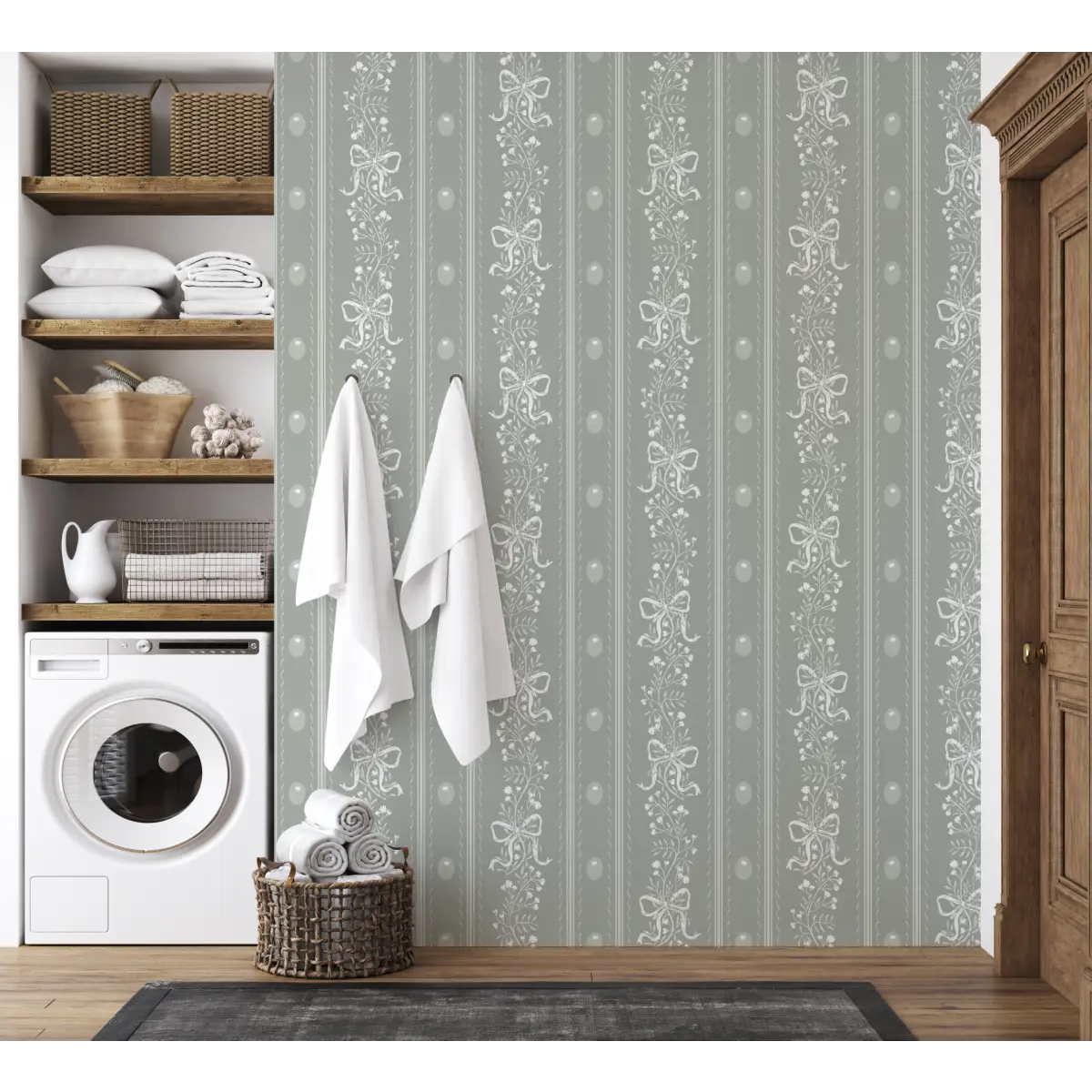 Dottie Wallpaper - Sweet Bows and Blooms Stripe - by Zanet From Wonderland - Loomwell Home Goods