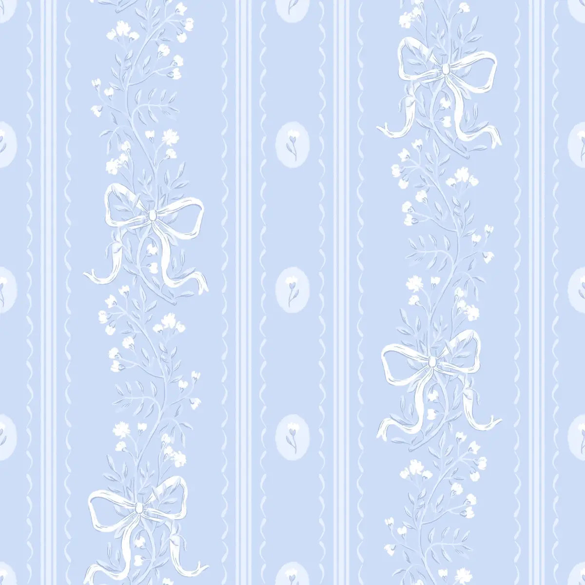 Dottie Wallpaper - Sweet Bows and Blooms Stripe - by Zanet From Wonderland - Sample 1 foot by 1 foot / Blue - Loomwell