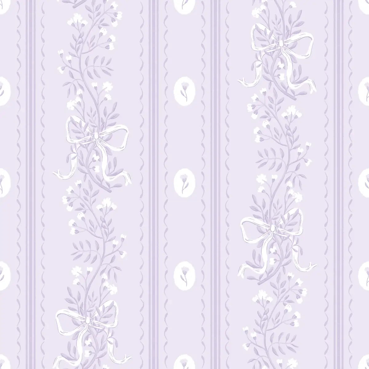 Dottie Wallpaper - Sweet Bows and Blooms Stripe - by Zanet From Wonderland - Sample 1 foot by 1 foot / Lilac - Loomwell