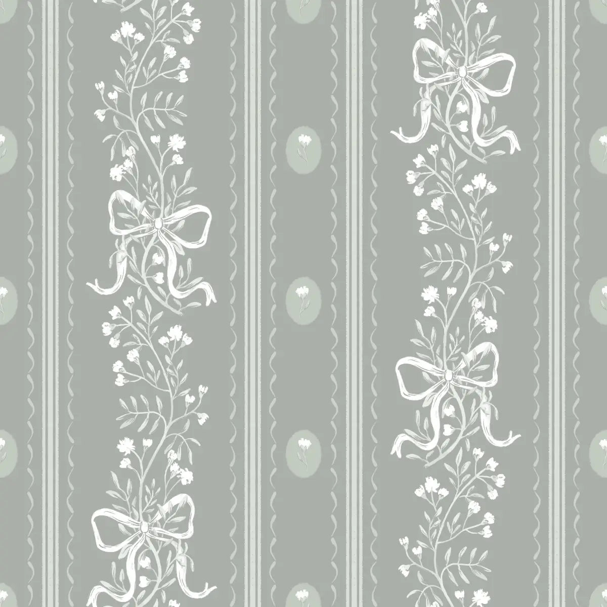 Dottie Wallpaper - Sweet Bows and Blooms Stripe - by Zanet From Wonderland - Sample 1 foot by 1 foot / Sage - Loomwell