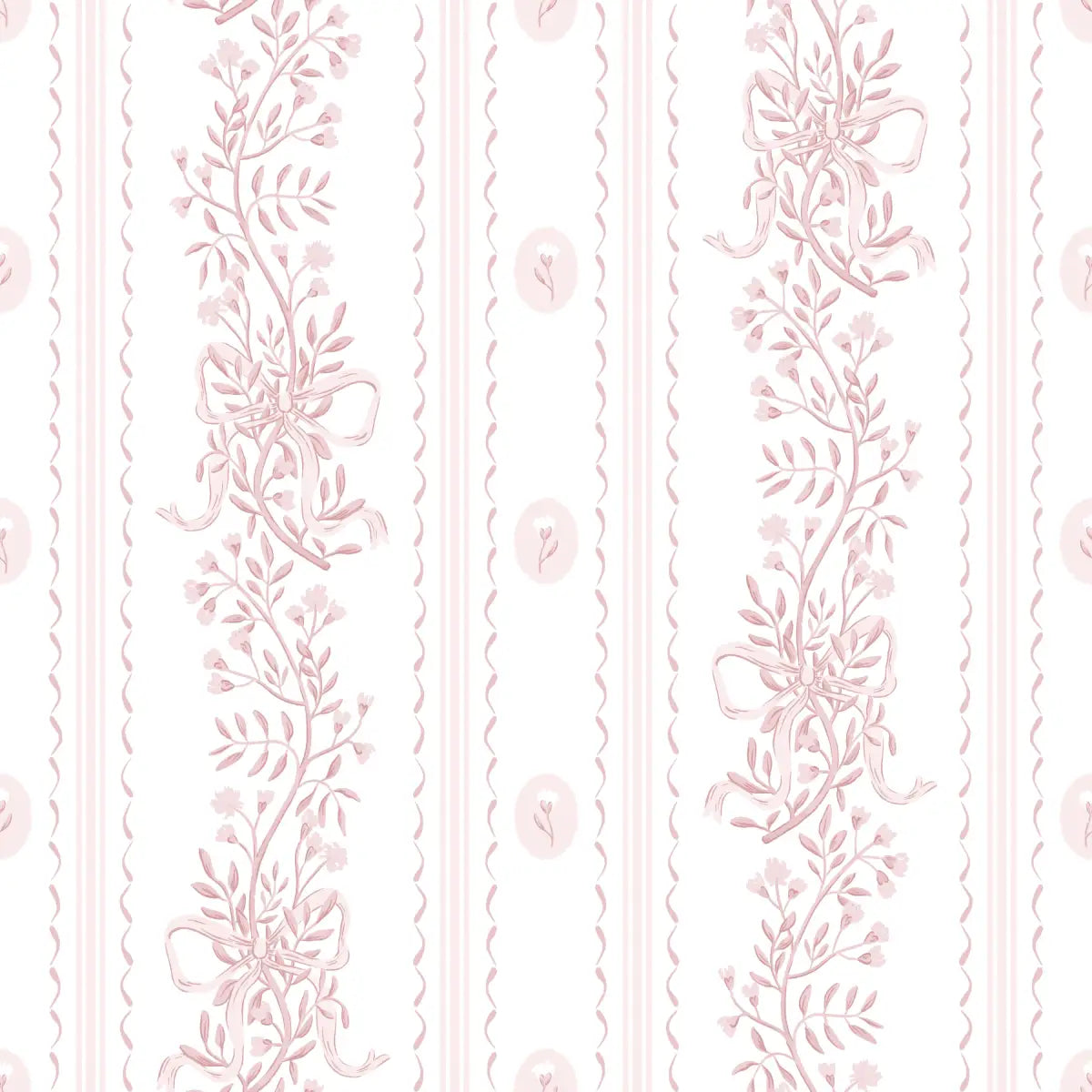 Dottie Wallpaper - Sweet Bows and Blooms Stripe - by Zanet From Wonderland - Sample 1 foot by 1 foot / White and Blush