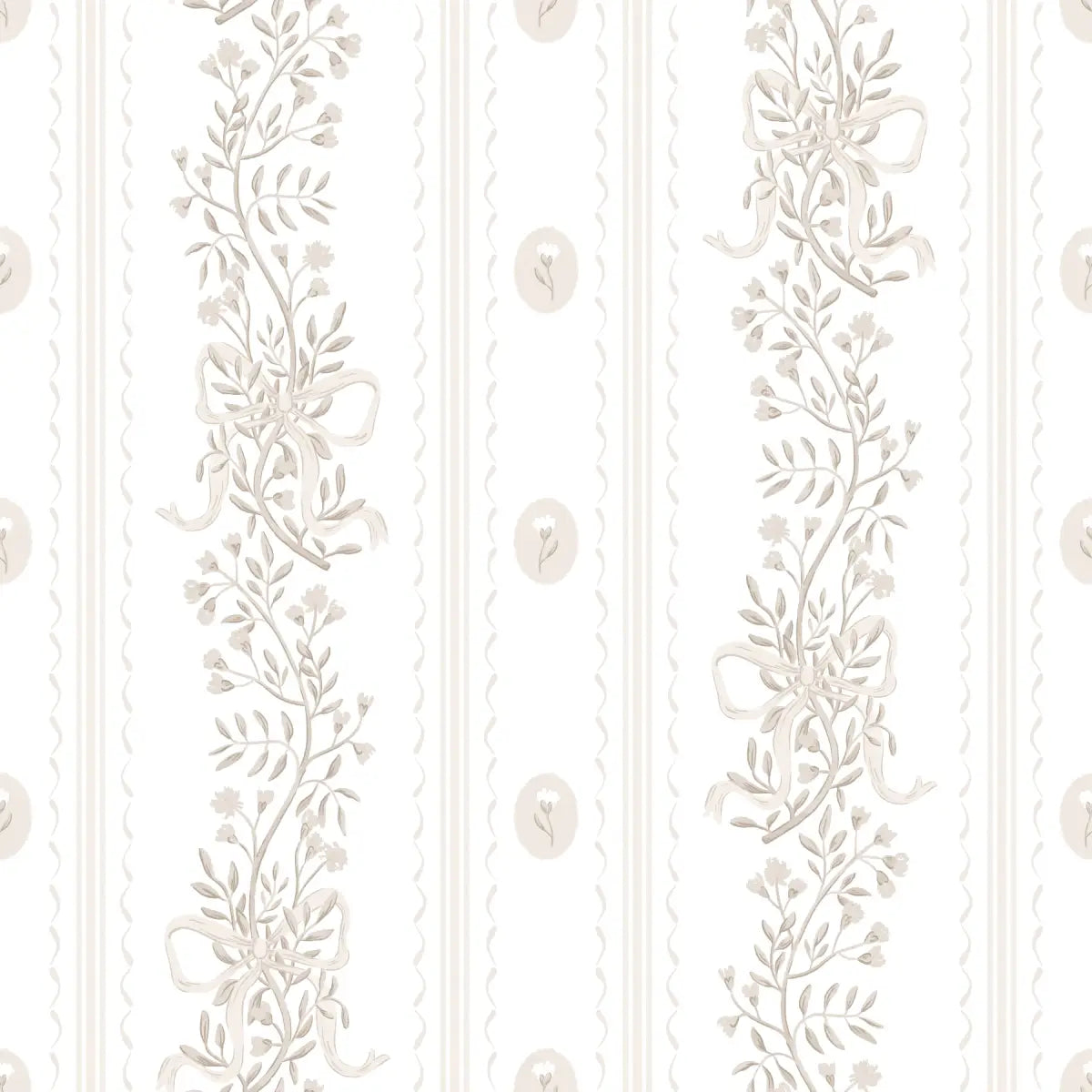 Dottie Wallpaper - Sweet Bows and Blooms Stripe - by Zanet From Wonderland - Sample 1 foot by 1 foot / White and Cream